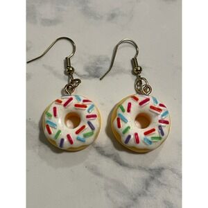 Handmade White Icing Rainbow Sprinkles Donut Dangle Earrings New
